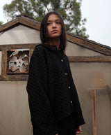 Lido elevated lounge that doubles as sleep wear, luxury pajama set. Choose from black jacquard or navy jacquard with heirloom butterfly buttons.