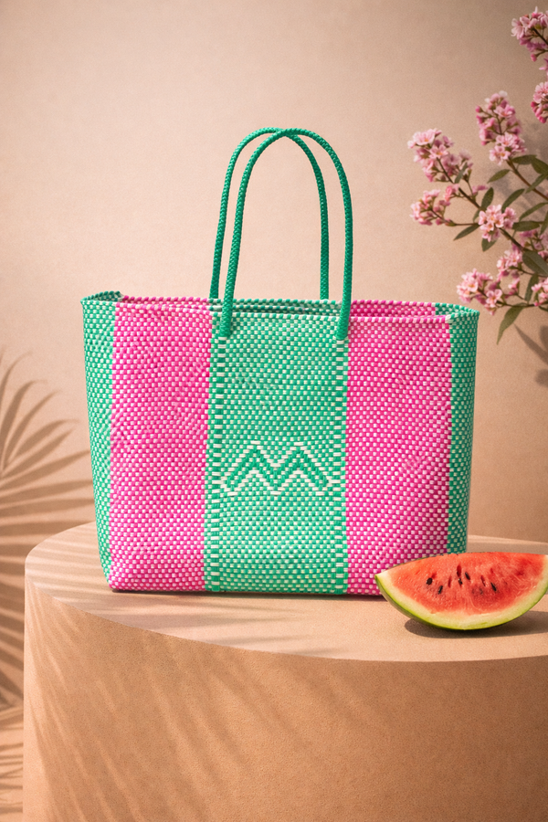 "M" Woven Tote Bag in Watermelon