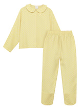 Luxury jacquard pajama set in canary yellow.  Top  features heirloom pearl buttons. 