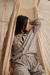 Sleepwear inspired  by the characters photographed by August Sander.   Liberty Print PJ Set, perfect to sleep and lounge in.  Breathable light cotton lawn allows wearer remain cool and comfortable at all times. Ease is of prime importance.   Featuring heirloom butterfly buttons made of mother of pearl.