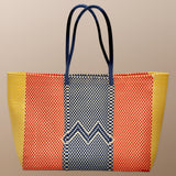 Colorful woven basket tote bag for shopping, beach, and travel. 