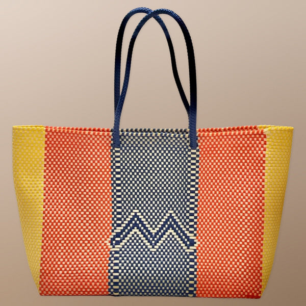 Colorful woven basket tote bag for shopping, beach, and travel. 