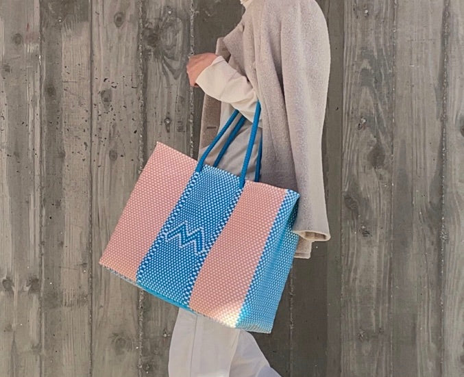 Pastel color hand woven basket bag. Reusable sustainable hopping tote. 