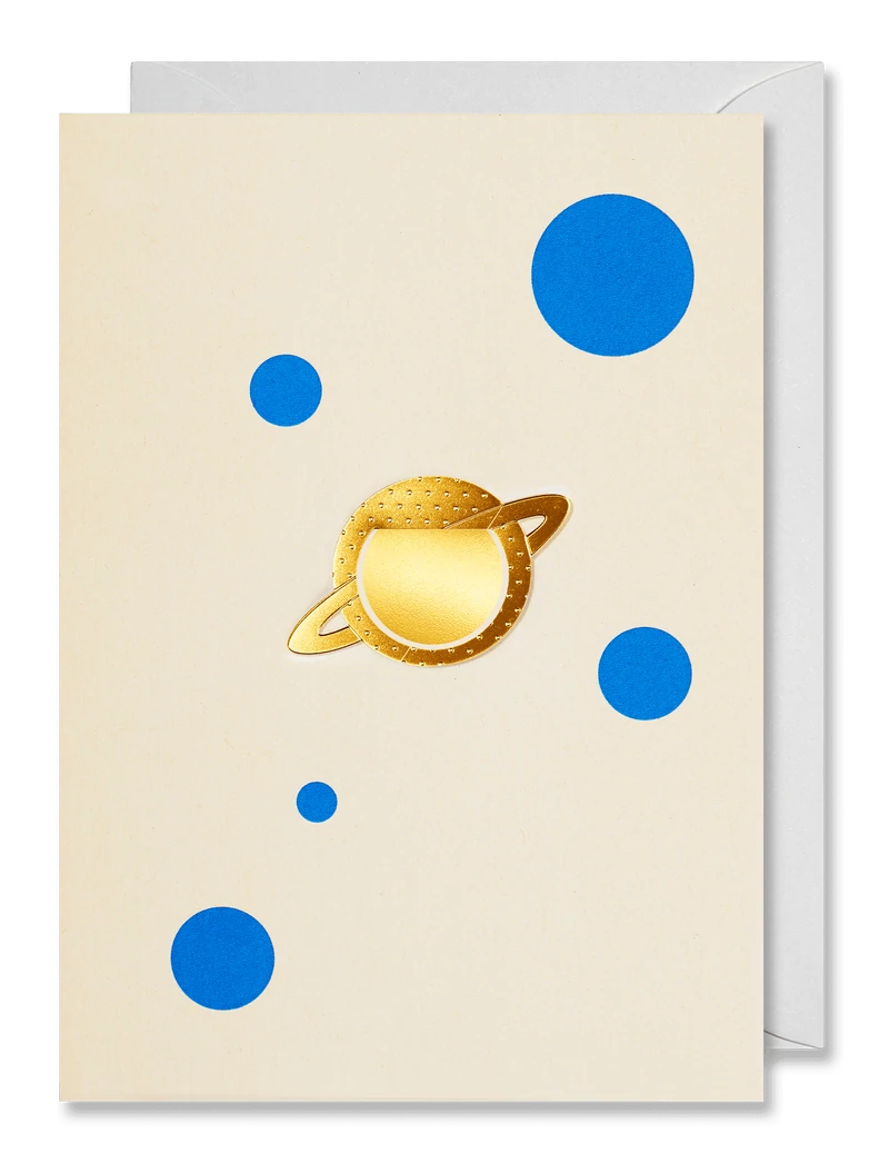 Fine greeting card with planet motifs and gold foil stamping designed by Marcel Baer for Octaevo.